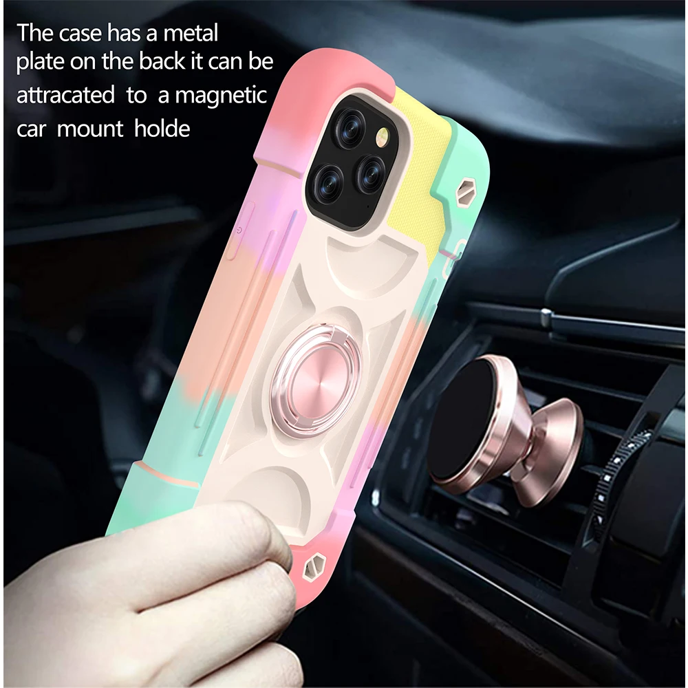 Shockproof Armor Case For iPhone 14 12 Pro MAX 13 Mini XS 11 8 7 Plus Rainbow Silicon Stand Magnetic Cover Hevay Duty Protection