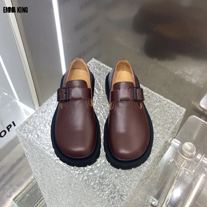 

Leather Casual Flat Fashion Women Round Toe Shoes Thick Bottom Loafers Female Buckle Comfortable Slip-on Walking Outdoor Shoes
