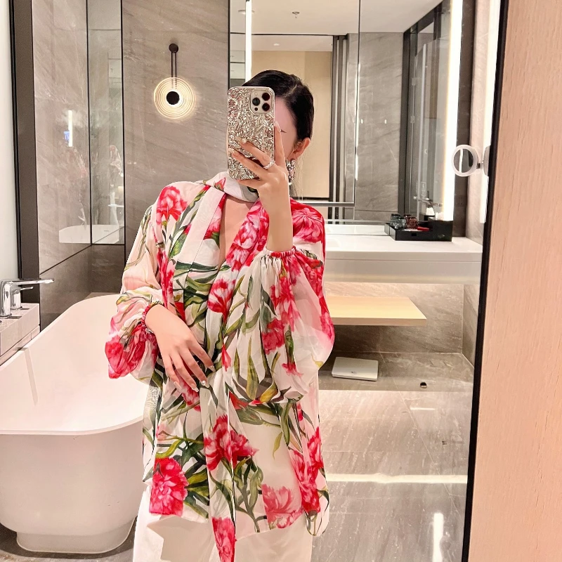 

Top Quality Summer Multicolored Silk-chiffon Front Tie Carnation-print Long Sleeves Oversize Blouse Women