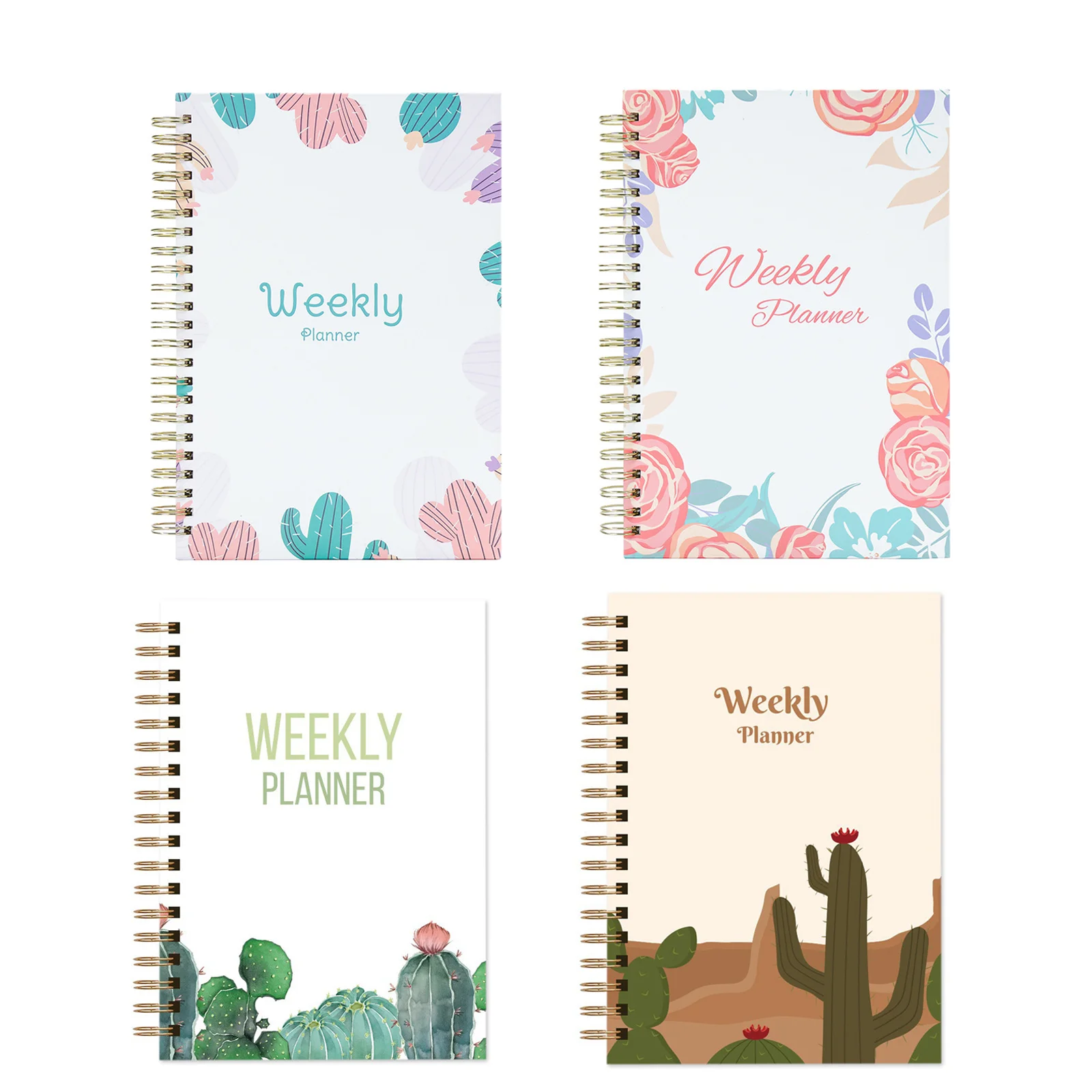 

2023 weekly planning notebook English cactus pattern school supplies schedule book hardcover coil A5 notepad planner to-do list