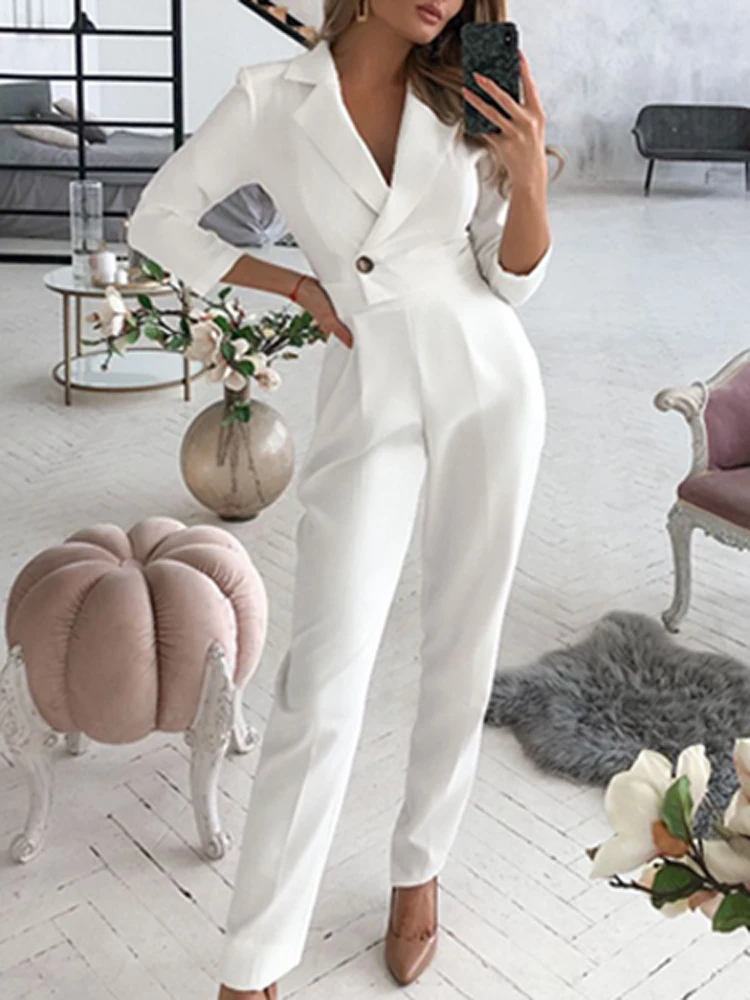 

Autumn Elegant Solid Button Jumpsuits Women Sexy Deep V Neck Long Sleeve Long Romper Fashion Office Ladies Wear Slim Overalls