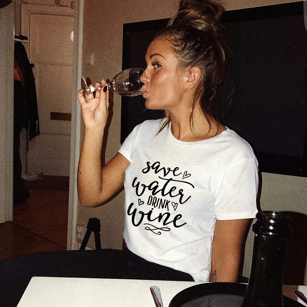 

Summer T Shirts with Save Water Drink Wine Print Women Aesthetic Summer Harajuku Short Sleeve T-shirts Female Tops Tees Mom Life