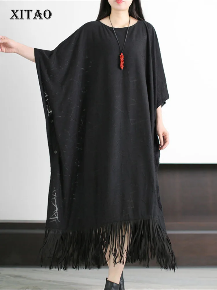 

XITAO Tassel Dress Black Pullover Small Fresh Casual Style Pleated Goddess Fan 2022 Autumn Minority Loose Elegant Dress ZY7605