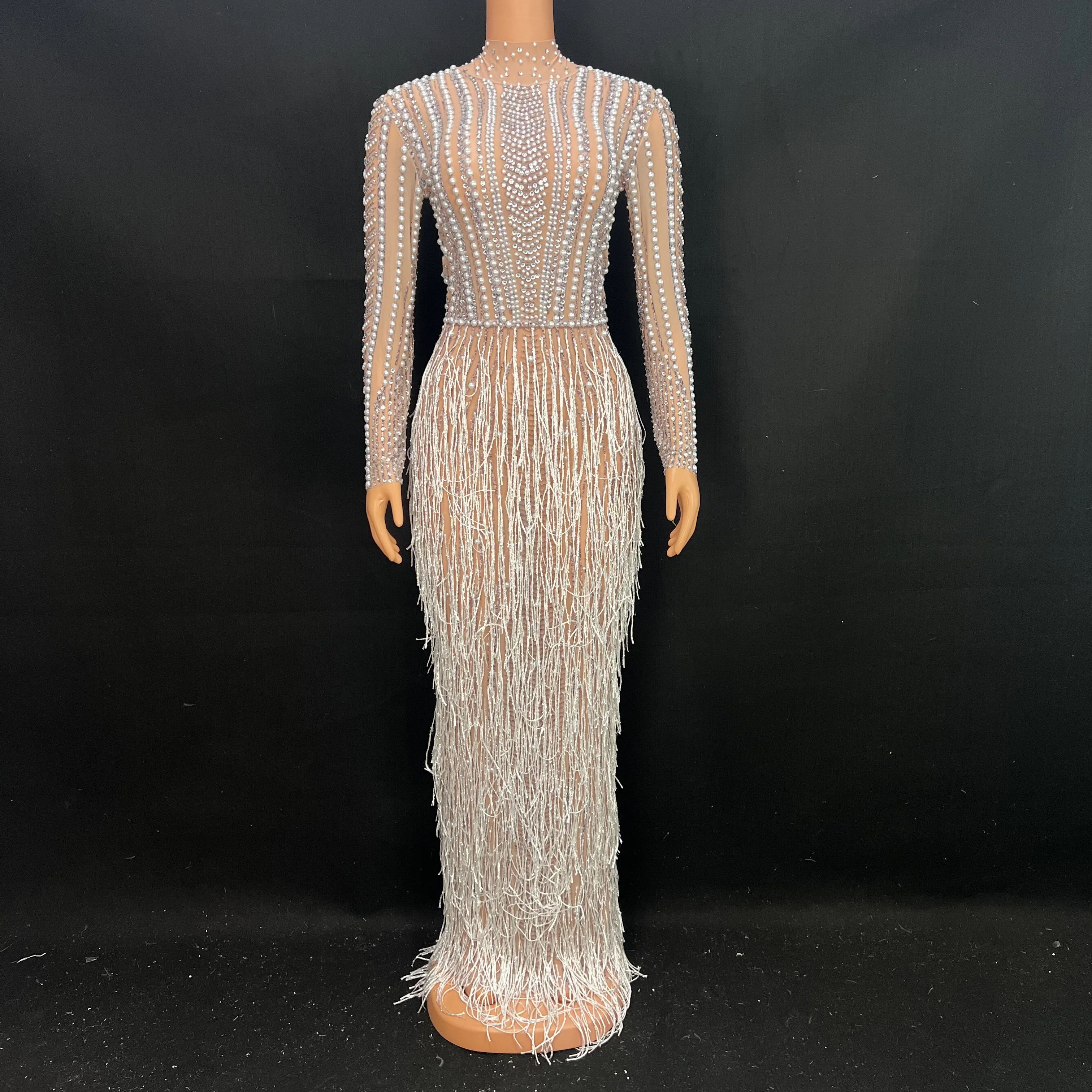 

Silver Rhinestone Pearl Fringes Dress Prom Dancer Club Show Outfit Birthday Celebrate Evening Transparent Long Dress