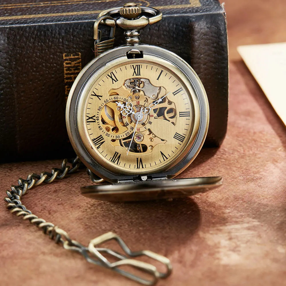 Vintage Mechanical Pocket Watch The Polar Express Design Retro Roman Numerals Hollow Skeleton Mens Mechanical Pocket Watch Chain