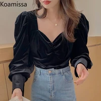 koamissa velvet women retro blouse puff long sleeves v neck spring autumn shirt 2022 new korean blusas fashion vintage blouses