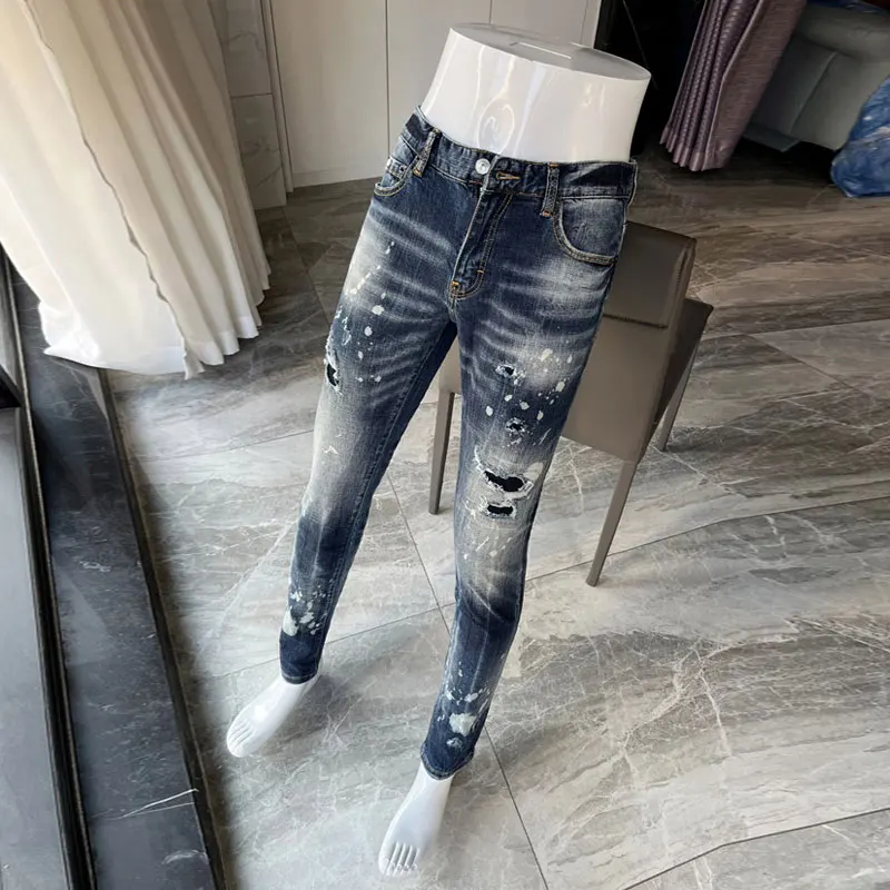 High Street Fashion Men Jeans Retro Blue Elastic Slim Fit Patched Ripped Jeans Men Painted Designer Hip Hop Brand Pants Hombre