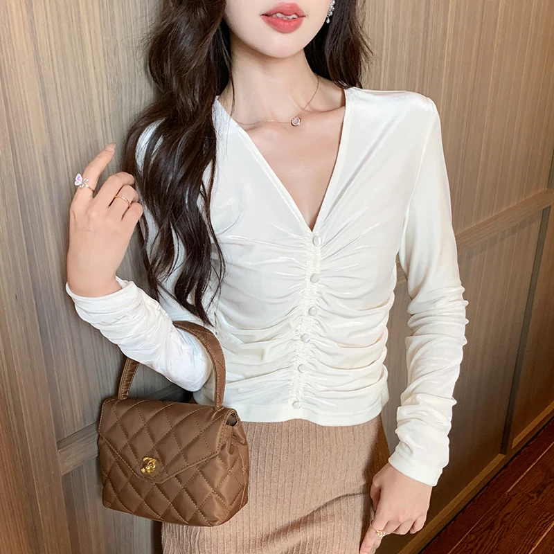 Новая модная осенне-зимняя милая женская блузка с длинным рукавом и v-образным