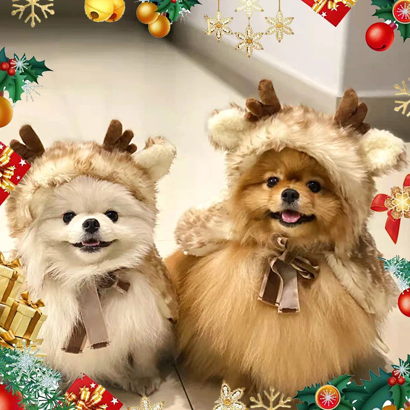 

Christmas Dog Clothes Pet Warm Elk Fawn Cloak Cape Shawl Cat Coat Winter Christmas Pets Clothing Cosplay for Small Dog Costume