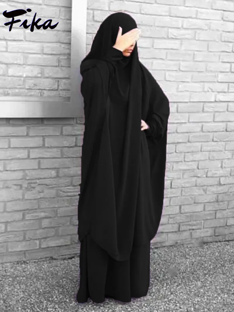 Hooded Abaya Muslim 2 Pieces Set Woman Dress Islam Prayer Dresses Full Cover Ramadan Gown Islamic Clothes Garment Hijab Dress