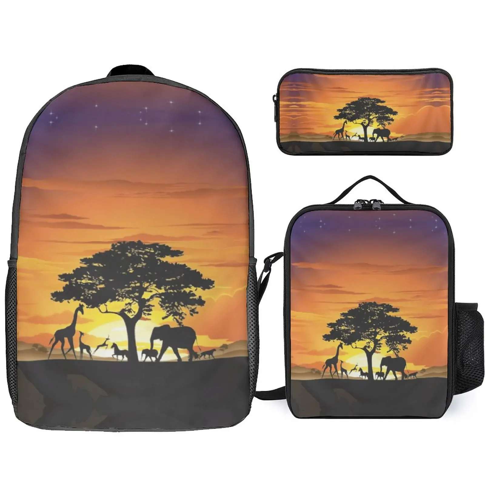 

3 in 1 Set 17 Inch Backpack Lunch Bag Pen Bag Wild Animals on African Savanna Sunset Secure Unique Snug Sports Activities Infan