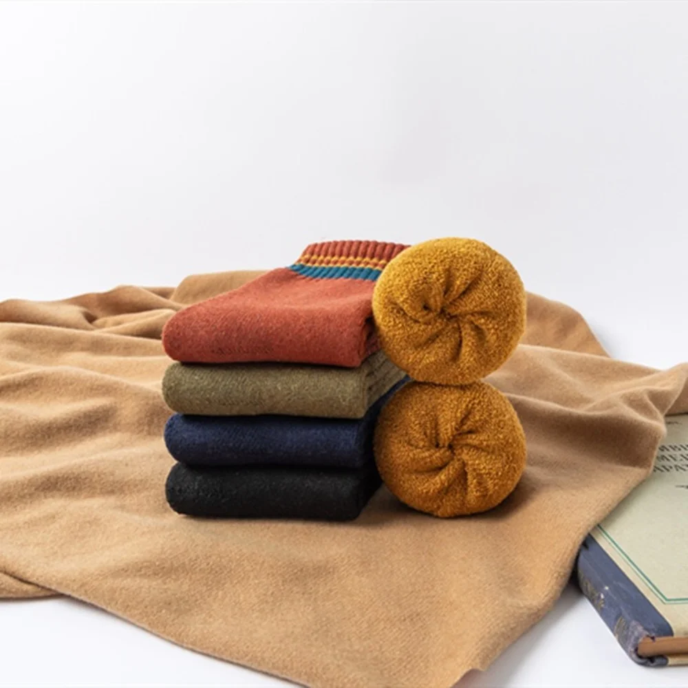 5 Pairs Autumn and Winter New Striped Colorful Terry Thickened Women Socks Retro Pure Color Ethnic Warm Rabbit Wool Socks