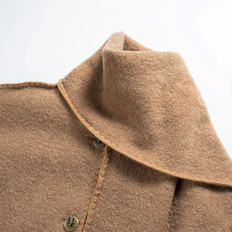 Подиумное женское новое коричневое шерстяное пальто с шарфом и воротником