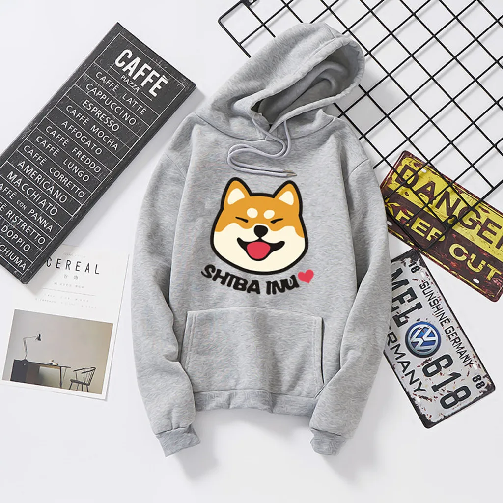 

Super cute Shiba Inu print pattern hoodie 2020 kawaii oversized sweatshirt women solid color long-sleeved clothes top