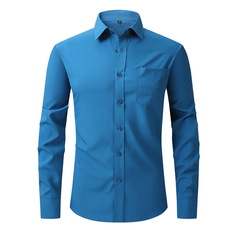 

Saxony Blue Shirts for Men Stylish New Long Sleeve Solid Color Pocket Shirt Business Formal Slim Fit Dress Shirt Ropa Hombre 2XL