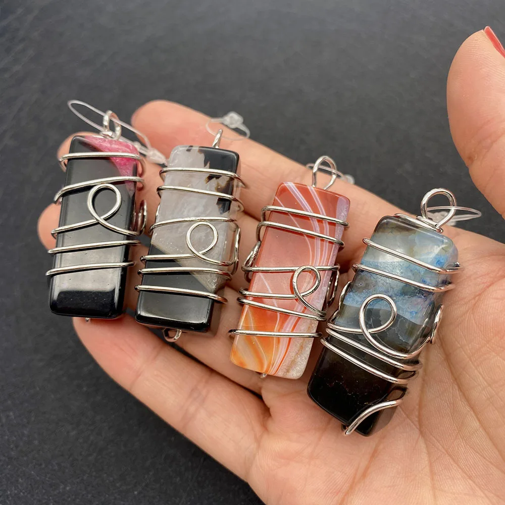 

Classic Natural Stone Agate Rectangle Pendant 19x40mm Hand Winding DIY Men and Women Earrings Necklace Accessories Charm Jewelry