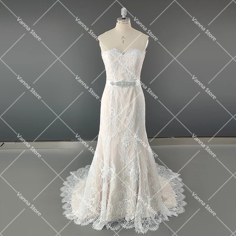 

Sweetheart Allover Lace Mermaid Wedding Dress Custom Made Strapless Romantic Beading Belt Plus Size Real Photos Bridal Gowns