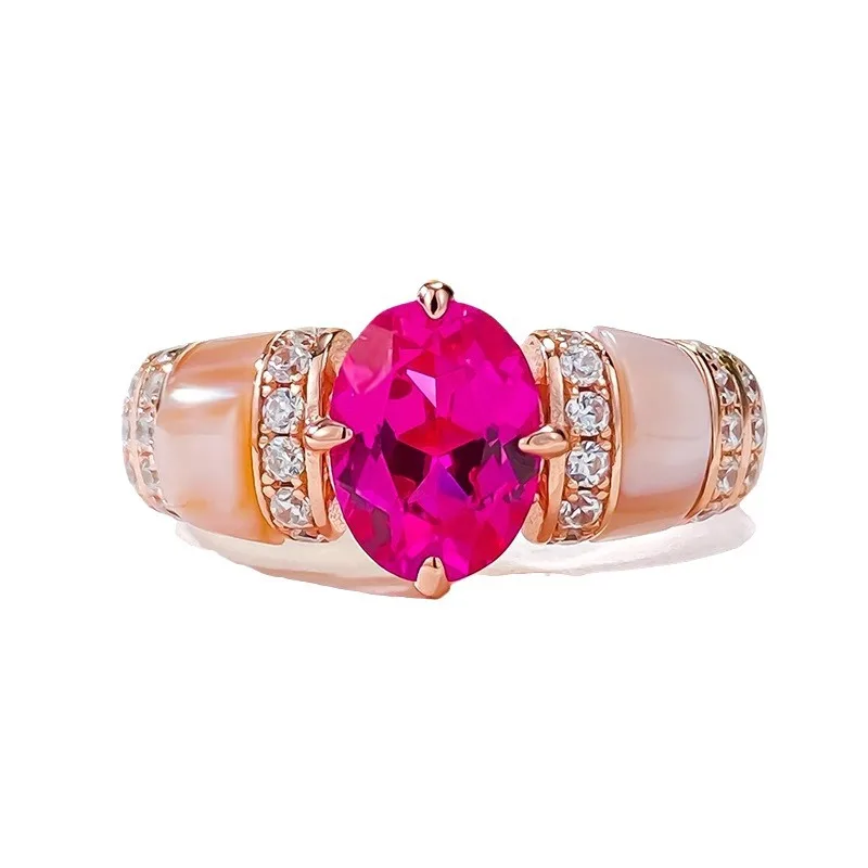 Серебряное кольцо S925 с натуральной розовой ракушкой Красным бриллиантом в