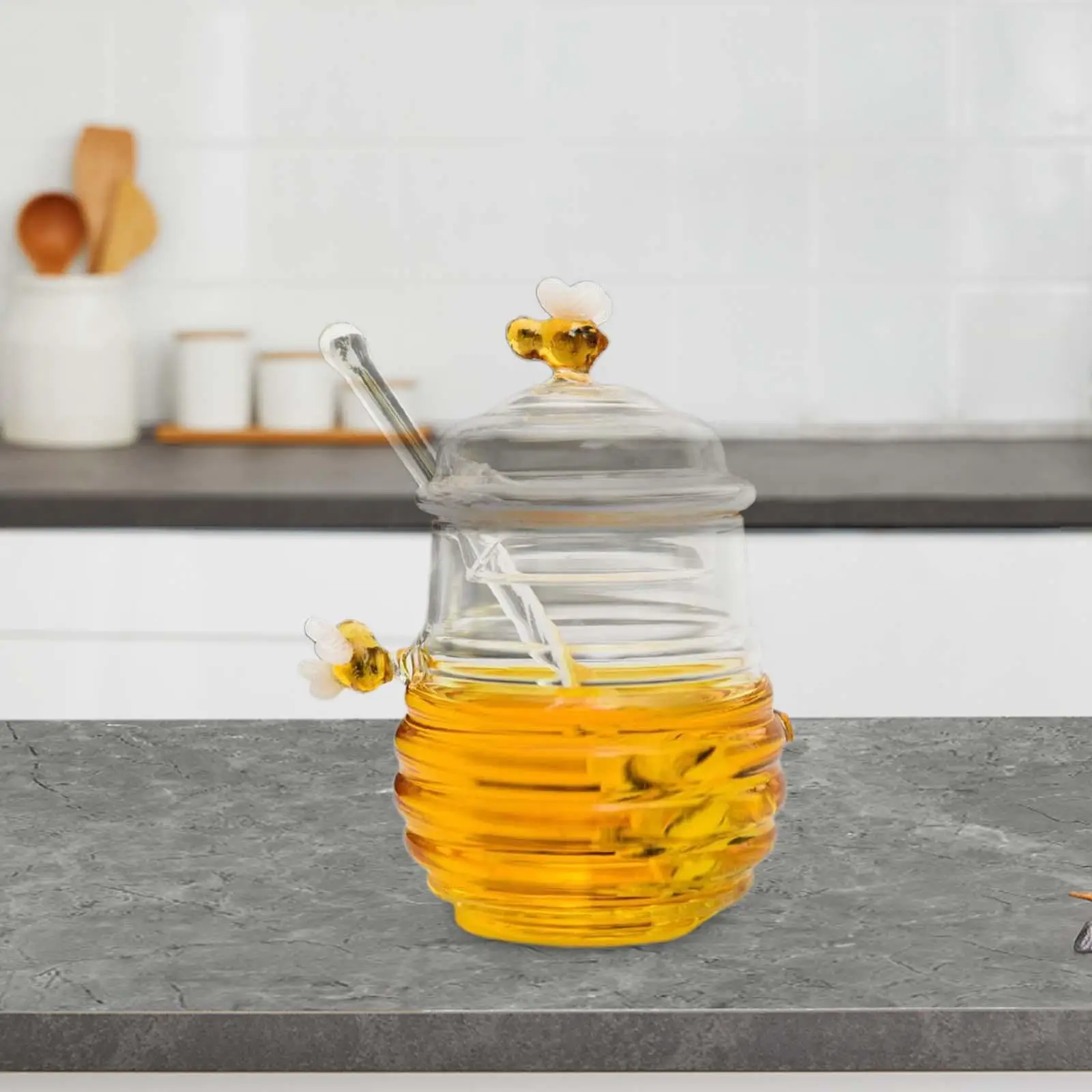 

Transparent Honey Pot Dispenser with Lid for Office Dining Table Home
