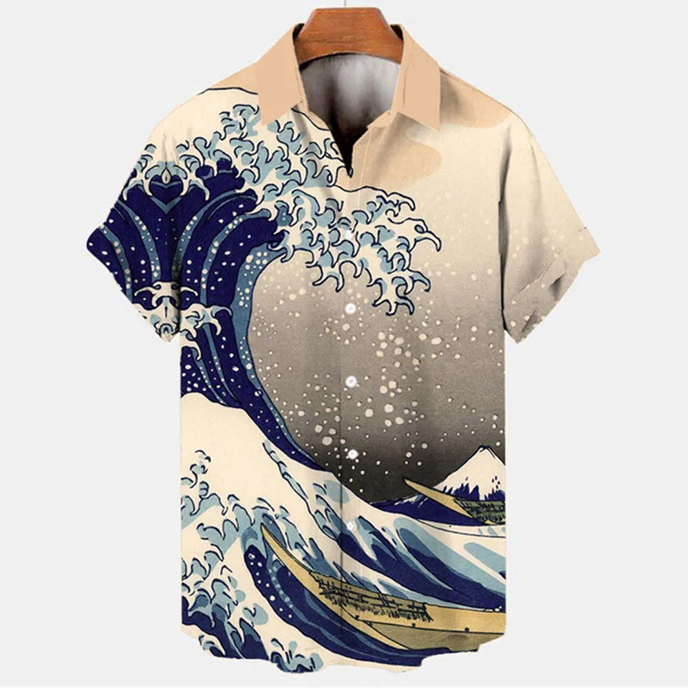 

Гавайская Мужская рубашка с 3D-принтом океанских волн в стиле ретро, Повседневная модная летняя мужская рубашка, свободные топы с короткими рукавами и отворотом