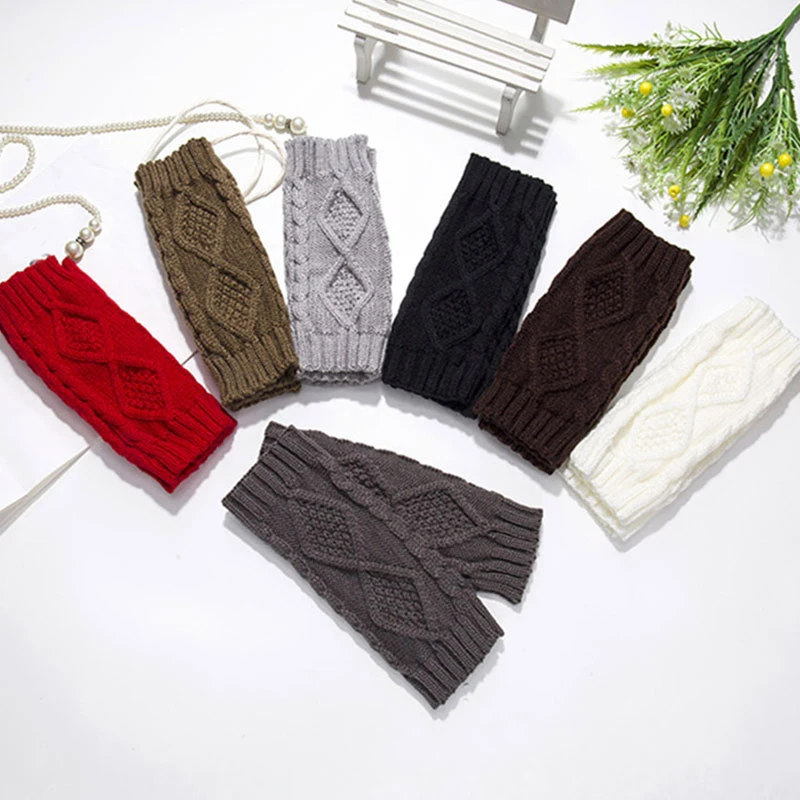 

Femme Rhombus Crochet Knitted Fingerless Gloves Winter Warm Solid Color Twist Arm Sleeves Elastic Wrist Sleeves Arm Warmers