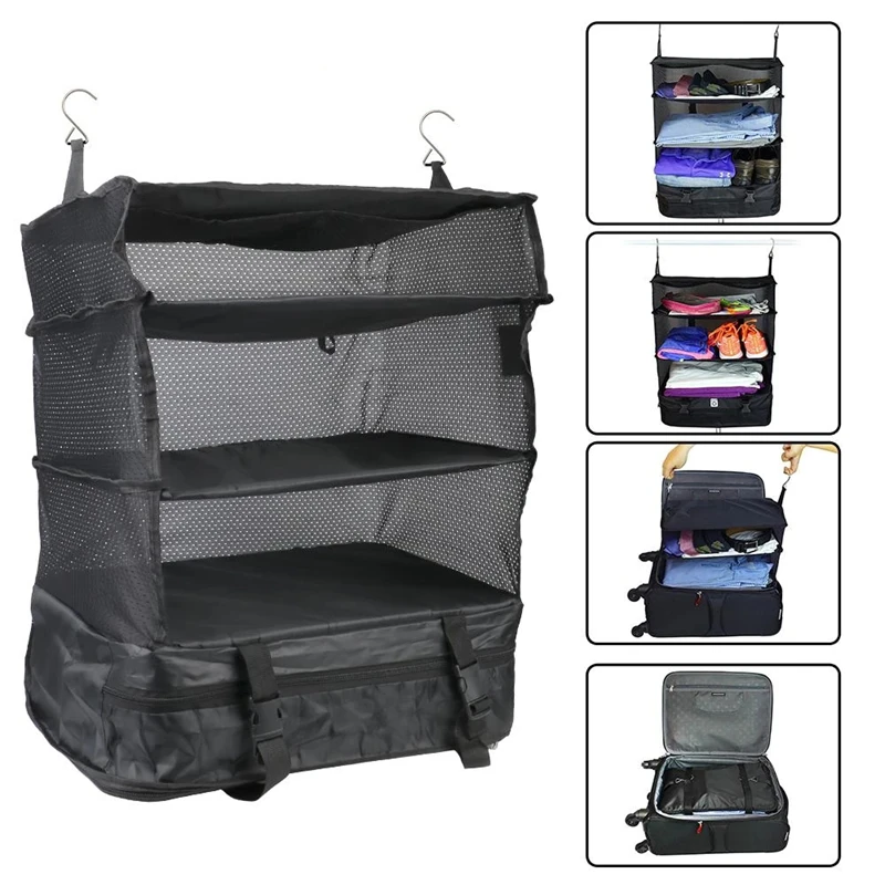 Portable Suitcase Shelve Travel Storage Bag Hanging Travel Shelves Bag Foldable Clothes Hanging Organizers 2 Hooks Space-saving