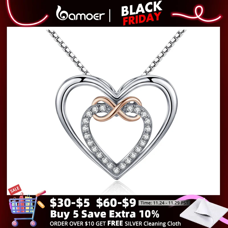 

Bamoer 925 Sterling Silver Elegant Double Heart Infinity Love Pendant Necklace for Women Fine Jewelry Anniversary Gift SCN121