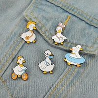 cute duck goose enamel pin personality animal swimming photo riding brooch cartoon funny badge jewelry gift for children friends