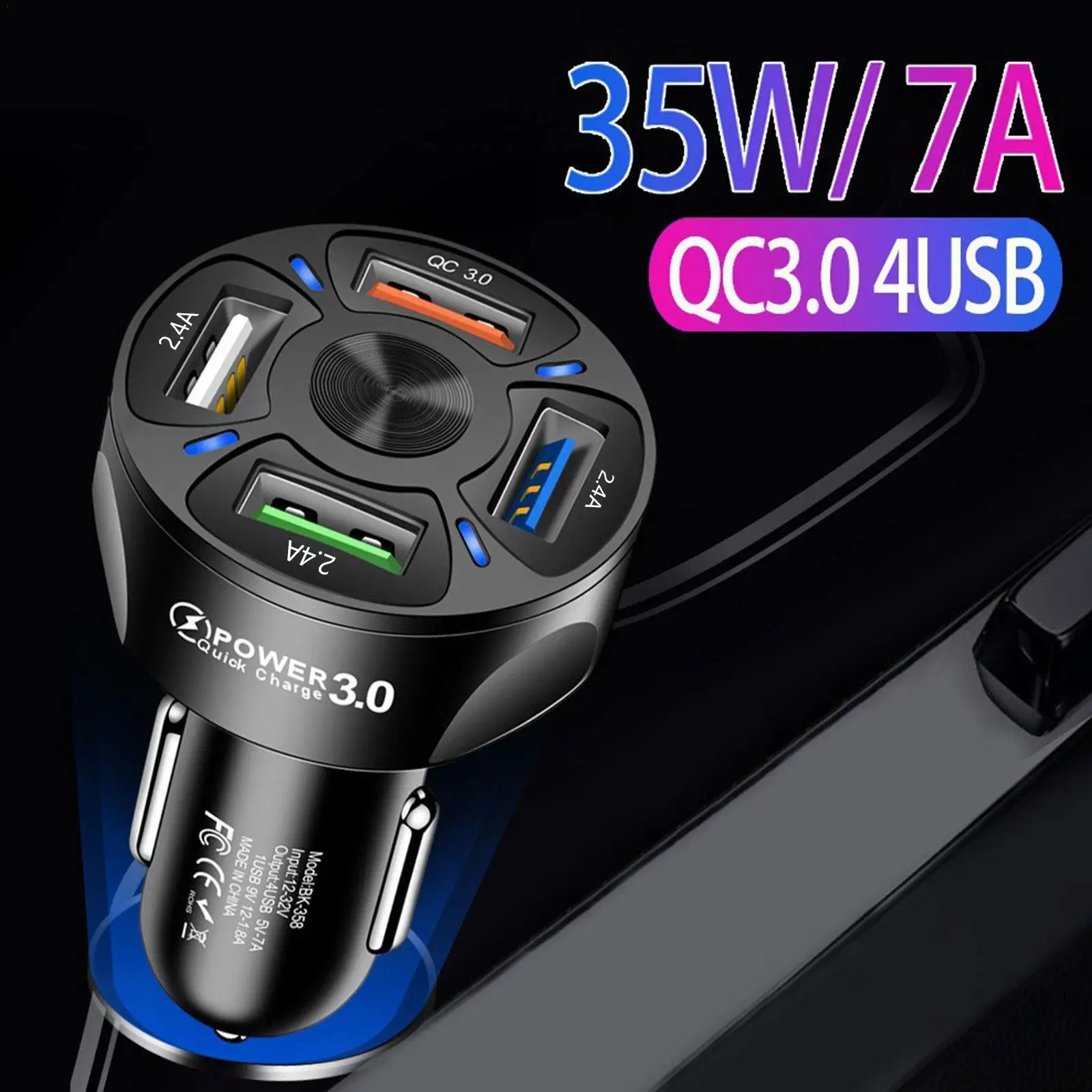 

Car Charger Quick Charge Cigarette Lighter Adapter 4 Ports USB QC 3.0 7A 35W USB Car Charger With LED For IPhone Samsung