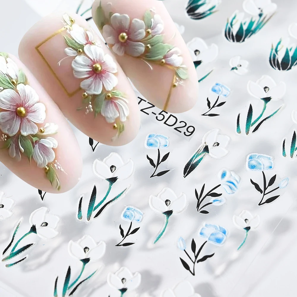 

5D Acrylic Flower Nail Stickers Geometric Lines White Flower&Snowflake Decoration Decals Acrylic Embossed Sliders Xmas Sticker