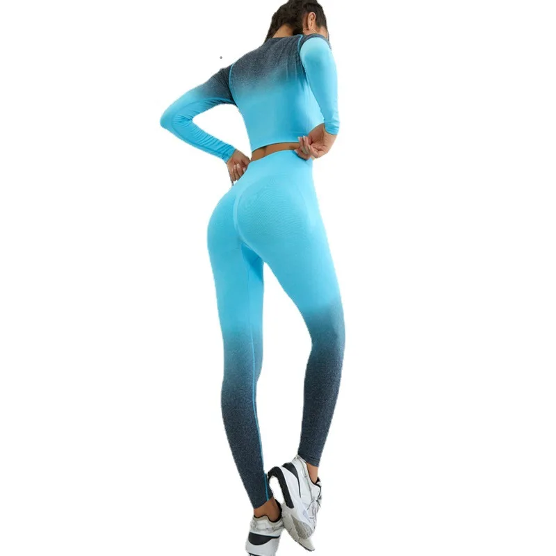 Seamless Gradient Yoga Sets Sports Fitness High Wasit Hip-lifting Trousers Long-Sleeved Suits Workout Gym Leggings Set for Women
