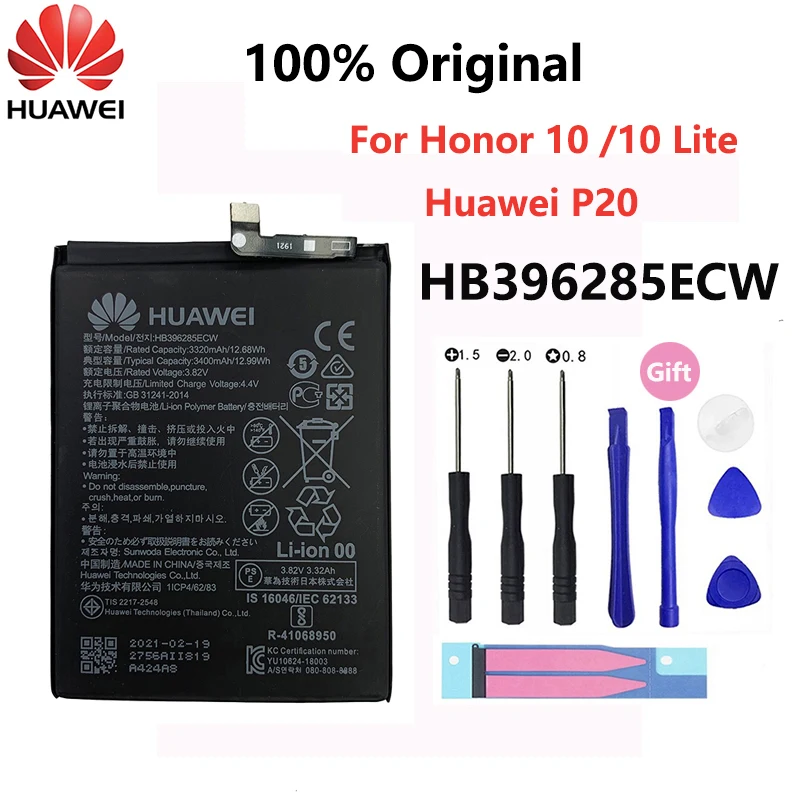 

100% оригинальный сменный аккумулятор Hua Wei HB396285ECW 3400 мАч для Huawei P20 Honor 10 Honor10 Lite батареи батарея