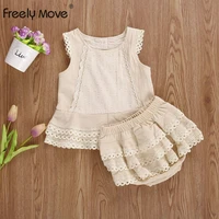 freely move infant toddler baby kid girls clothes set summer lace ruffles vest t shirt top shorts bloomers outfits vintage