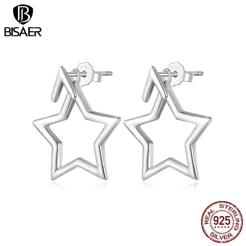 

BISAER 100% 925 Sterling Silver Pentagram Stud Earrings Simple Ear Clip For Woman Party Original Design Fine Jewelry EFE901