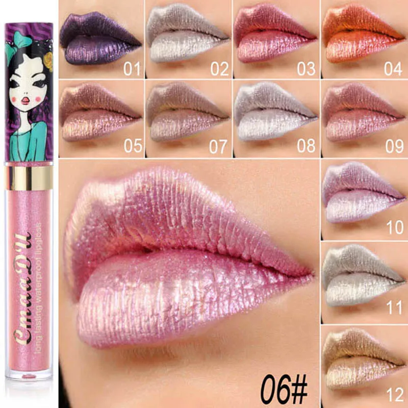 

12 Colors Metallic Lip Gloss Liquid Lipstick Glitter Waterproof Long Lasting Non-Stick Cup Cosmetics Shimmer Lips Tint Makeup