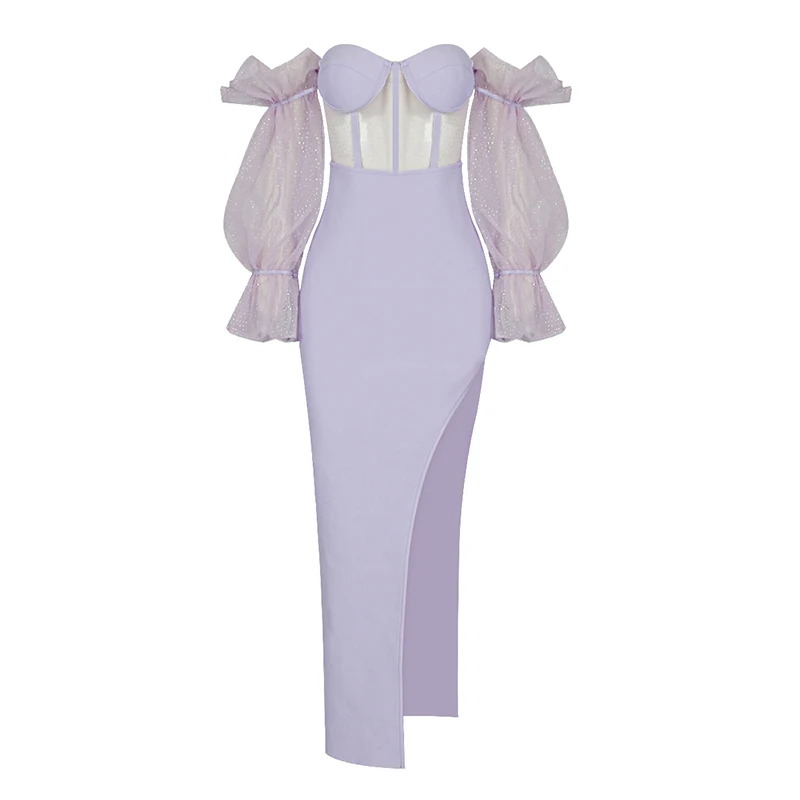 

New Purple Khaki Women Puff Sleeve Sexy Off the Shoulder Bodycon Long Dress Rayon Bandage Fashion Birthday Party Celebrate Dress
