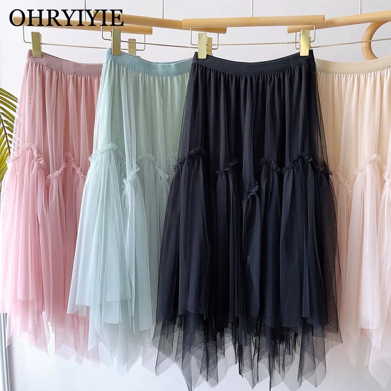 

OHRYIYIE 2022 Summer Irregular Tulle Skirt Women Elegant High Waist A Line Skirt Female Pink Beige Fashion Midi Long Skirt Lady