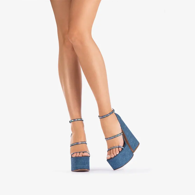 Summer Fashion Denim Shoes For Women Female Round Toe Crude High Heel Sandals Ladies Thick Platform Crystal  Chain Sexy Slippers