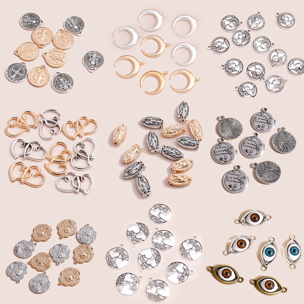 

8pcs Mix Sales Gold Silver Color Alloy Love Heart Moon Charms Religious Virgin Mary Hamsa Eyes Pendants for DIY Jewelry Making