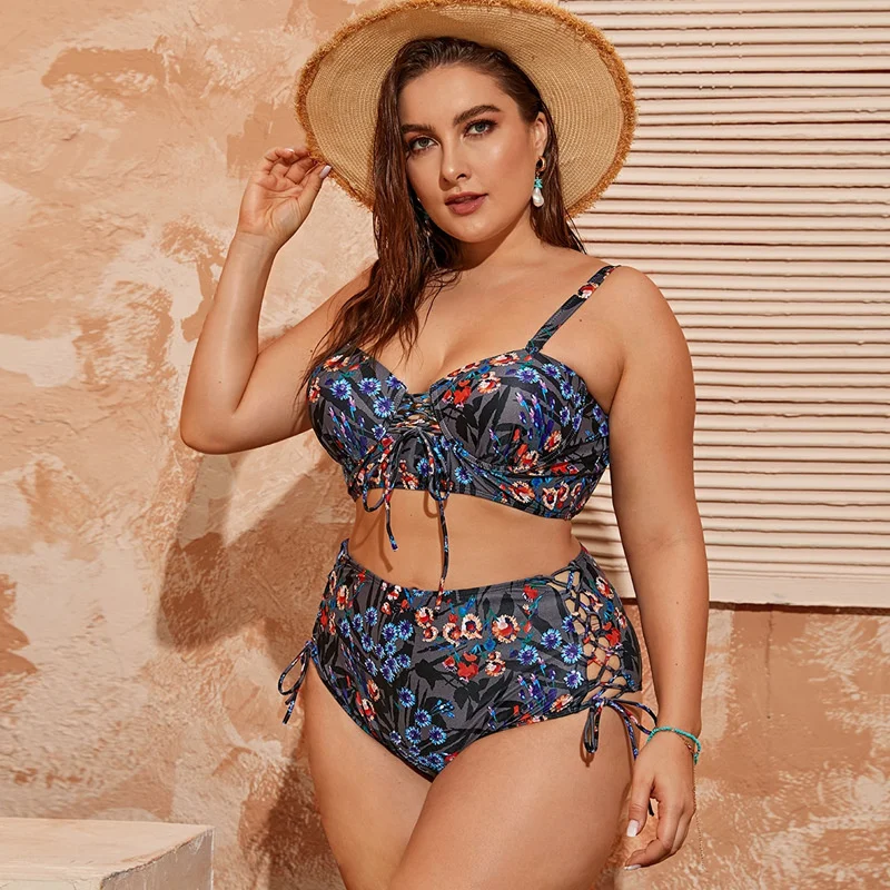 2022 Big Plus Size Swimswear Fat Lady Woman Two Piece Leopard Print Beachwear Hard Bag High Waist Drawstring Gathering Swimsuit