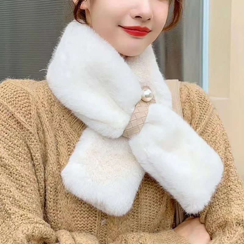 

Мягкий иммитационный шарф из кроличьего меха для женщин и девушек осень-зима жемчужная Пряжка теплый шейный воротник шарфы для улицы перекрестный шарф-снуд