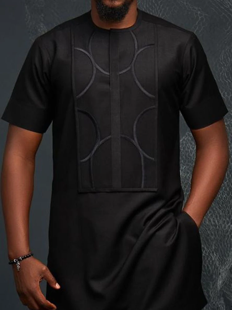 Ramadan Eid Muslim Fashion Summer Black Round Neck Youth African Short Sleeve Mid Length Shirt Kurta Men Arabic Shirt New 2022