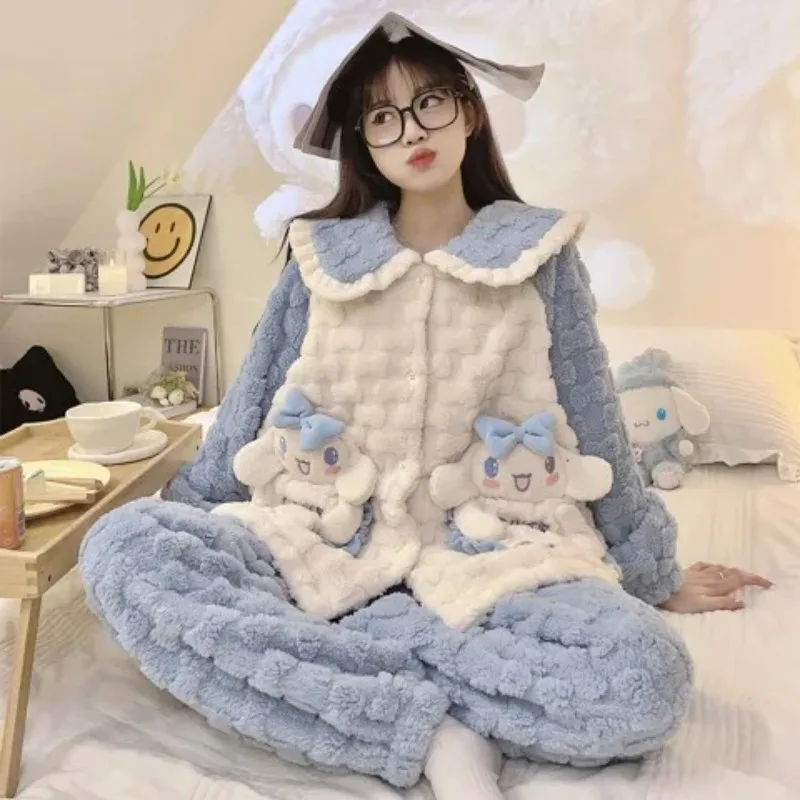 

Sanrio Kuromi My Melody Cinnamoroll Coral Fleece Pajama Set Women Winter Cartoon Anime Plus Velvet Thicken Flannel Loungewear