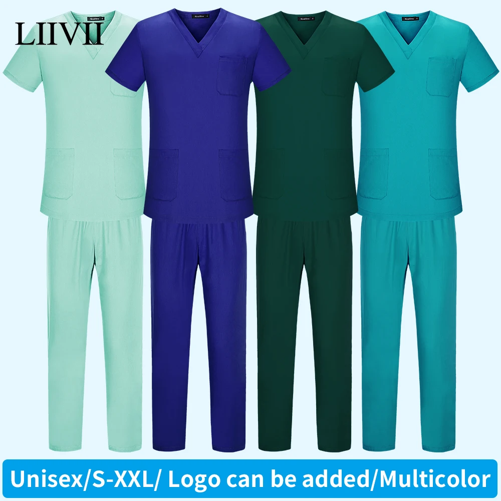 

Solid Color V-Neck Scrub Sets for Women Short Sleeved Medical Uniform Beauty Salon Worker Work Clothes Nurse Uniform with Pocket