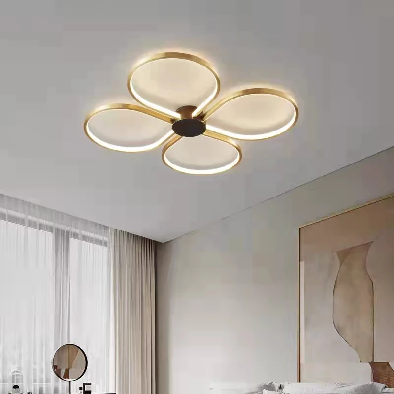 

Copper Remote Control Dimming Ceiling Lights Flower Shape For Parlor Bedroom Dining Room Modern Simple Lamp Drop Shipping
