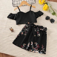 korean style baby clothes girl set summer fashion sling top vintage print shorts two piece suit 5 12 years girls casual clothing