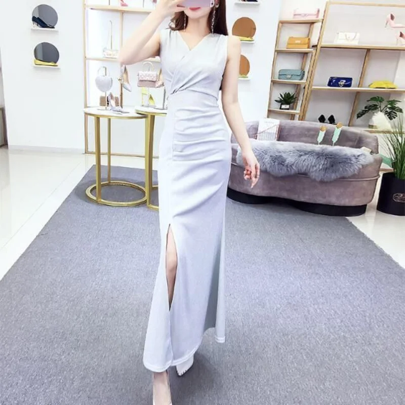 

Elegant Dress 2023 Summer Women's Versatile Wrapped Waist Show Thin V-neck Sexy Split Wrap Hip Dress High Waist Dress Long Dress