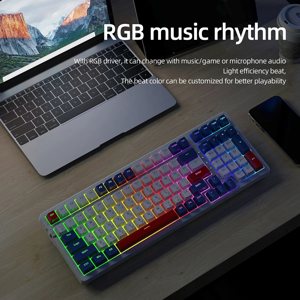 

Игровая клавиатура K98 с RGB подсветкой, геймерская клавиатура с 100 клавишами, клавиатура с горячей заменой, с 3 режимами работы, водонепроницаемый USB-порт для компьютера, ноутбука, ПК
