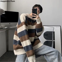 korean fashion high quality patchwork striped sweater round neck vintage pullover men winter casual loose oversized mens sweater