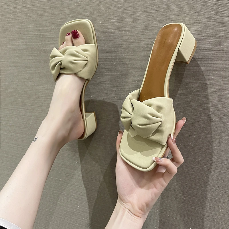 

Summer Women Shoes Woman Slides Bow Knot Thick Mid Heels Mules Solid Leather Peep Toe Casual Shoes Beach Slippers Female